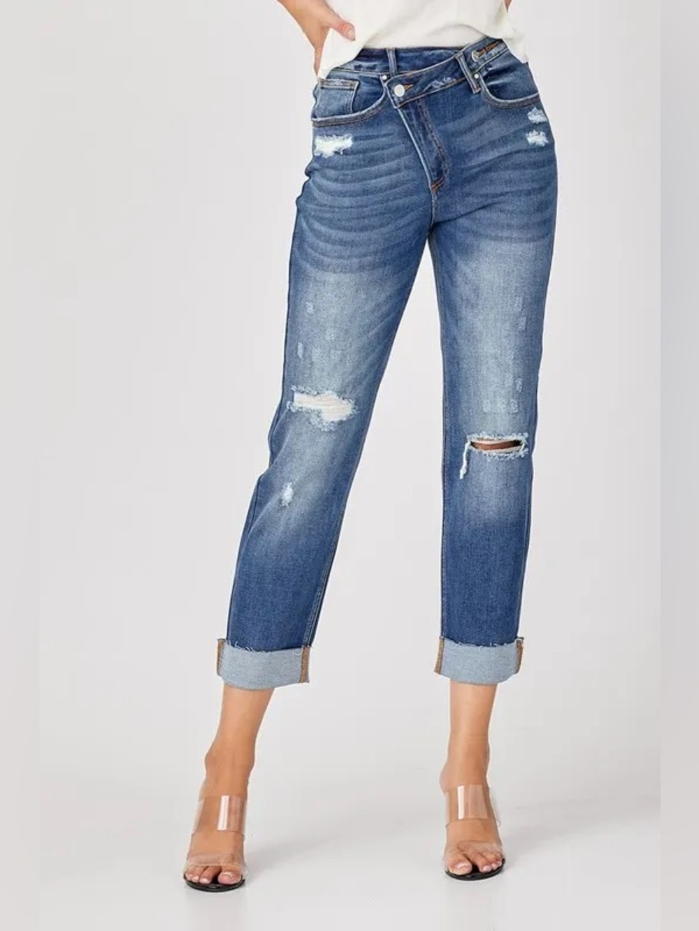 Risen High Rise Medium Wash Crossover Boyfriend Denim Jeans Adjustable Cuffed